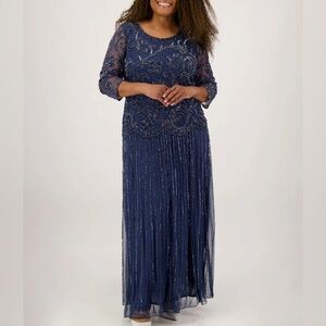 Pisarro Nights Navy Beaded Long Sleeve Evening Gown